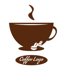 Coffee Logo Vector. Vector cup with coffee beans can also be used for poster, icon, emblem, badge or label design. Vector cup with text - Coffee Logo