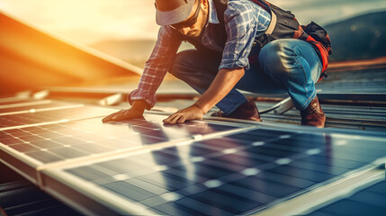 Man worker installing solar photovoltaic panels on roof, alternative energy, saving resources and sustainable lifestyle concept Generative AI