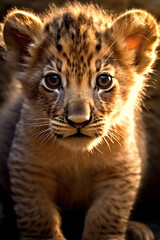 Obraz premium A young lion cub sitting on top of a rock. Generative AI.