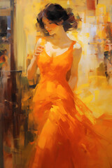 Beautiful Lady in an Orange Dress - Fashion