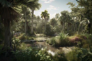 Fototapeta na wymiar Tropical palms in Everglades 3D illustration. Generative AI