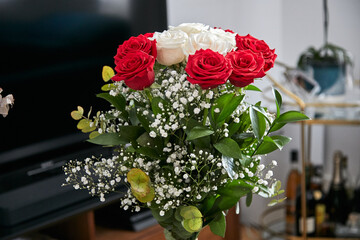 ramo, bodegón, detalle, naturaleza, flor, rojo, rosado, verde