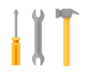 Set of wrench, screwdriver and hammer. Service tools. Industry hand drawn flat collection. Industrial equipment