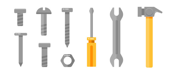 Set of metal bolts, screws, wrench, screwdriver and hammer. Service tools. Industry hand drawn flat collection. Industrial equipment