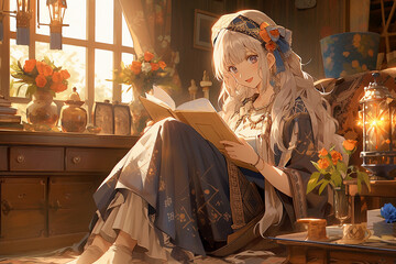 Beautiful girl from Japanese anime n the room is reading a book . - obrazy, fototapety, plakaty