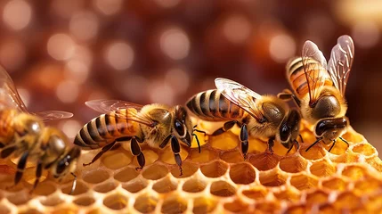 Foto op Aluminium Macro photo of working bees on honeycombs. Beekeeping and honey production Generative AI © danang