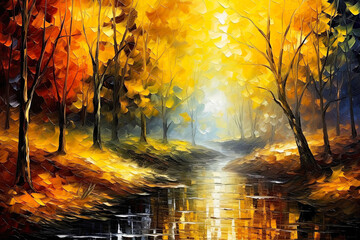 Autumn Fall Forest with River Oil Painting Landscape. AI generative. Canvas Texture, Brush Strokes.