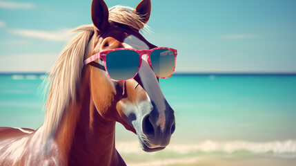 Handsome horse at the beach ocean view. Funny Summer vacation, holidays concept. - obrazy, fototapety, plakaty