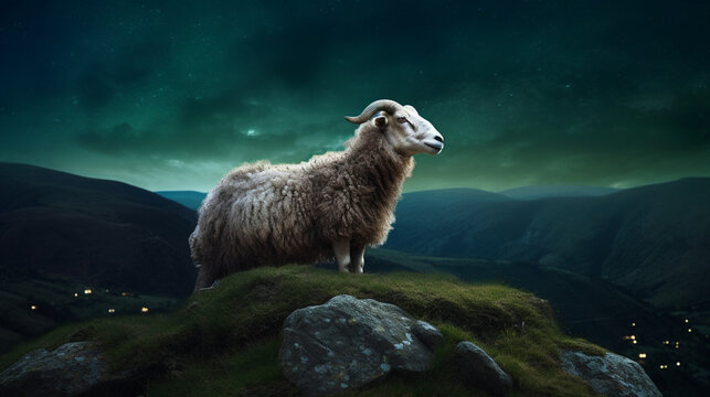 Eid ul Adha serenity one Sheep basking in the night's tranquility on a hill Generative AI