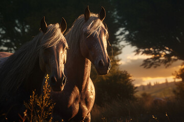 Obraz na płótnie Canvas horse in the sunset portrait of horses created using generative AI tools