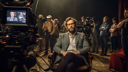 movie director at studio The film director sits confidently in his chair looking at the camera with a team in the background. Generative AI