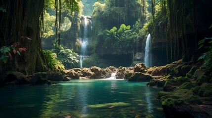 Majestic Waterfalls, day light, crystal-clear pools, surrounded by lush foliage and dramatic rock formations