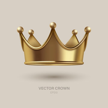 Vector 3d Realistic Golden Crown Icon Closeup Isolated. Yellow Metallic Crown Design Template. Gold Royal King Crown. Symbol of Imperial Power. Luxury, Wealth and Power. Front View