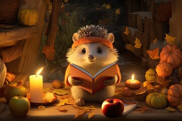 Cute hedgehog character reading book at home in the autumn forest surrounded by pumpkins