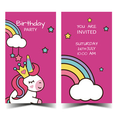 Front and back Unicorn Birthday Invitation in pink. Ready to print. Vector Illustration