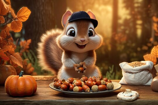 Cute squirrel character at home acorns