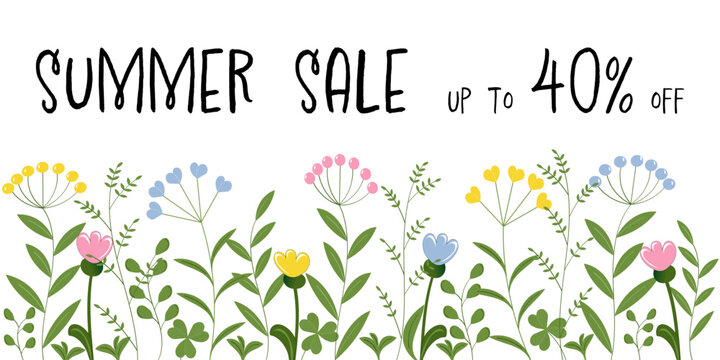 Summer Sale up to 40% off - Schriftzug in englischer Sprache - Sommerschlussverkauf bis zu 40% Rabatt. Verkaufsbanner mit einer Blumenwiese in Pastellfarben.