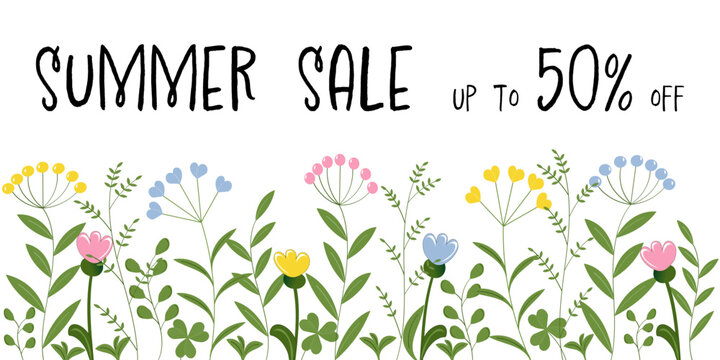 Summer Sale up to 50% off - Schriftzug in englischer Sprache - Sommerschlussverkauf bis zu 50% Rabatt. Verkaufsbanner mit pastellfarbenen Blumen.
