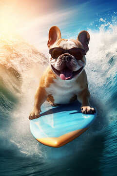 coole fr&ouml;hliche franz&ouml;sische Bulldoge Hund mit Sonnenbrille beim surfen auf einem Surfboard im Meer mit gro&szlig;en Wellen. Hochformat. Hochkant. Generative Ai.