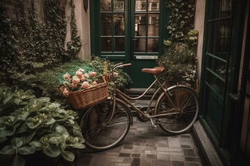 Fototapeta na wymiar Bike by flower-adorned building with front basket. Generative AI