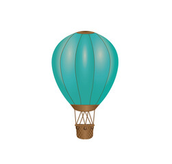 Turquoise hot air balloon, colorful hot air balloon with brown gondola and ballasts. 3d photorealistic vector illustration