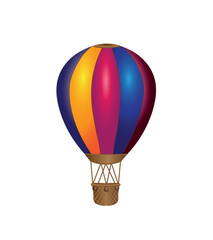 Fototapeta premium Multicolor hot air balloon, colorful hot air balloon with brown gondola and ballasts. 3d photorealistic vector illustration