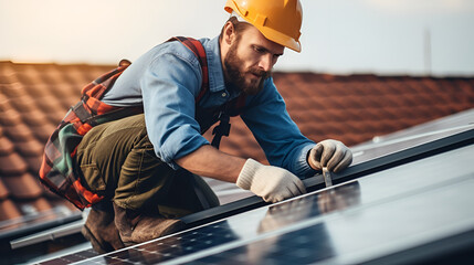 Man worker installing solar photovoltaic panels on roof, alternative energy, saving resources and sustainable lifestyle concept Generative AI