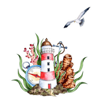 Watercolor illustration of a sea lighthouse with a compass, anchor, seashell, algae, corals and a seagull. Composition for posters, cards, banners, flyers, covers, posters, isolated