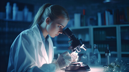 Important research. Serious experienced scientist working with her microscope and wearing a uniform for food advertising and background Generative AI