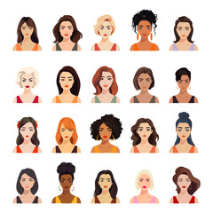 Vector Woman Avatar Set. Beautiful Young Girls Portrait Collection, Different Hairstyle. Female Expressing, Emotions, Different Nationalities. Cartoon Multiethnic Society in Flat Style. Front View