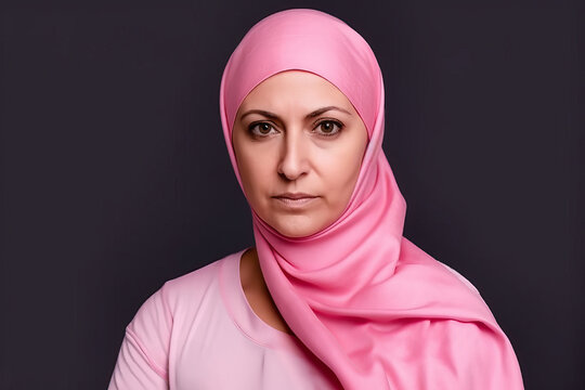Illustration of a brave woman wearing a pink hijab in the face of struggle and breast cancer created with Generative AI technology