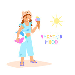 Little girl in summer pants, t-shirt, sun hat, flip flops on beach holds ice cream and  inflatable ball in her hands. Vector illustration of family vacation with children on sea on white background.