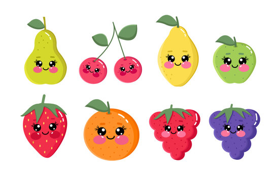 Big set of cute kawaii fruits and berries characters.  Smiling fruit faces illustration for kids. Kawaii fruit clipart design of lemon, pear, apple, cherry, raspberry, blackberry, strawberry, orange