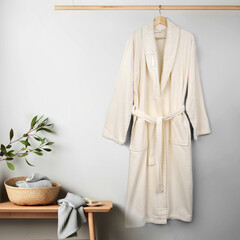 Bathrobe mockup  Empty plush dressing gown with belt mock up, isolated bathroom fashion