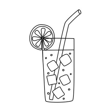 recommend clip art: Soft drink, juice, summer cocktail with ice cubes in glass, doodle vector outline for coloring book