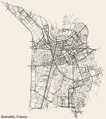 Detailed hand-drawn navigational urban street roads map of the French city of GRENOBLE, FRANCE with solid road lines and name tag on vintage background