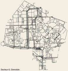 Detailed hand-drawn navigational urban street roads map of the GRENOBLE-6 SECTOR of the French city of GRENOBLE, France with vivid road lines and name tag on solid background