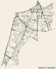 Detailed hand-drawn navigational urban street roads map of the GRENOBLE-4 SECTOR of the French city of GRENOBLE, France with vivid road lines and name tag on solid background