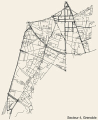 Naklejka premium Detailed hand-drawn navigational urban street roads map of the GRENOBLE-4 SECTOR of the French city of GRENOBLE, France with vivid road lines and name tag on solid background