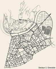 Detailed hand-drawn navigational urban street roads map of the GRENOBLE-2 SECTOR of the French city of GRENOBLE, France with vivid road lines and name tag on solid background