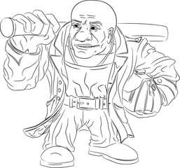 Line art illustration of bald bouncer in leather coat with bat. Bandit from the 90s with a bat on his shoulder, purse under his arm, with gold chain around his neck and toothpick in his teeth.