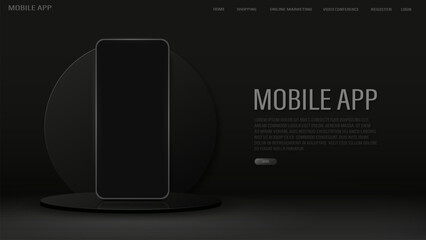 A banner with a phone on the podium with a glass circle on the background. A concept for a mobile app and online shopping on a black and white background.