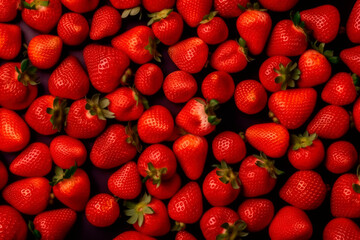 Strawberry background. Fresh strawberries on a dark background. Top view. Generative AI