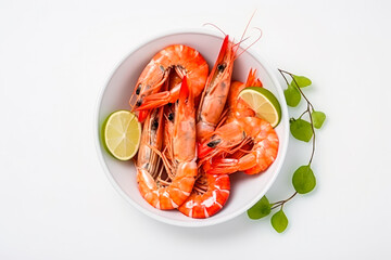 Boiled shrimps with lime on a white bowl. Flat Lay, Top View. Generative AI