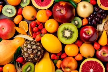 Naklejka na ściany i meble Fruits and vegetables background. Healthy food concept. Top view. Flat. Lay. Generative AI