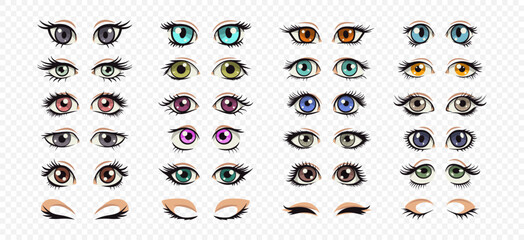 Vector Cartoon Female Eyes Collection. Beautiful Colored Women s Opened and Closed Eyes in Manga, Pop Art Comic Style, Isolated. Different Girls Eyes with Eyelashes Design Template. Front View