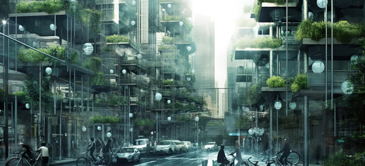 Futuristic sustainable city, urban background, generative ai