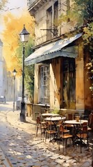 Obraz premium Retro charming café with terrace, Parisian style oil painting, generative ai
