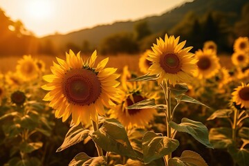 Sunflower field at golden hour ideal for summer backgrounds, generative ai