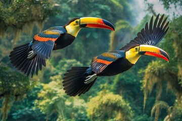 Toucans flying on a tropical rainforest, generative ai